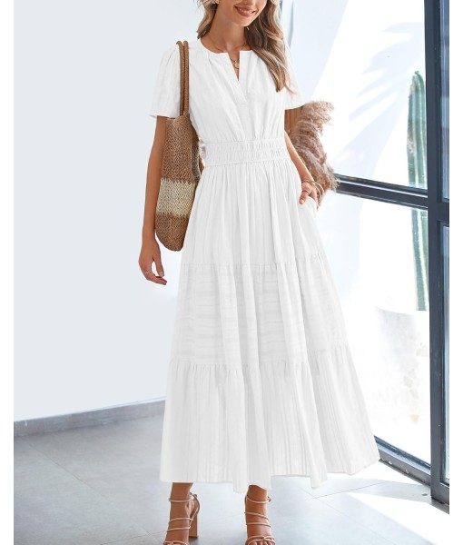 BTFBM Womens Summer 2025 Casual Midi Maxi Dresses Lightweight Short Sleeve V Neck Elastic Waist Boho Beach Dress Pockets