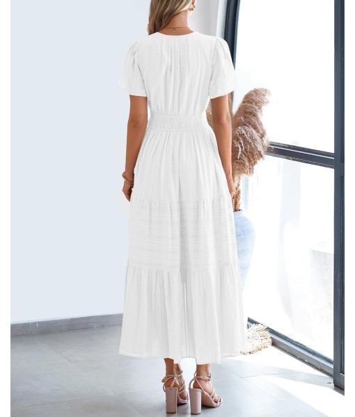BTFBM Womens Summer 2025 Casual Midi Maxi Dresses Lightweight Short Sleeve V Neck Elastic Waist Boho Beach Dress Pockets