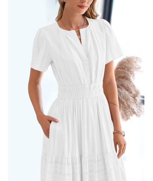 BTFBM Womens Summer 2025 Casual Midi Maxi Dresses Lightweight Short Sleeve V Neck Elastic Waist Boho Beach Dress Pockets