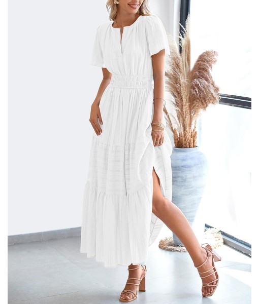 BTFBM Womens Summer 2025 Casual Midi Maxi Dresses Lightweight Short Sleeve V Neck Elastic Waist Boho Beach Dress Pockets
