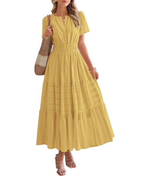 BTFBM Womens Summer 2025 Casual Midi Maxi Dresses Lightweight Short Sleeve V Neck Elastic Waist Boho Beach Dress Pockets