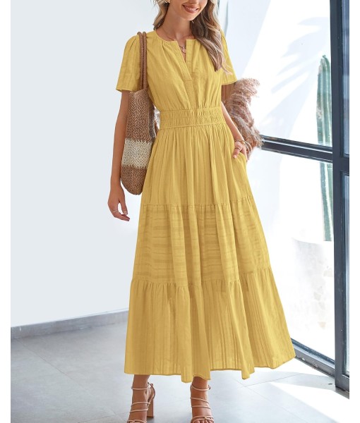 BTFBM Womens Summer 2025 Casual Midi Maxi Dresses Lightweight Short Sleeve V Neck Elastic Waist Boho Beach Dress Pockets