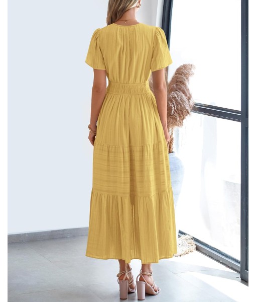 BTFBM Womens Summer 2025 Casual Midi Maxi Dresses Lightweight Short Sleeve V Neck Elastic Waist Boho Beach Dress Pockets