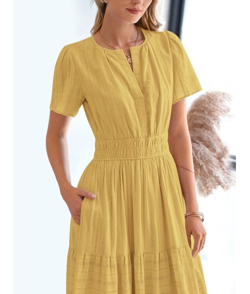 BTFBM Womens Summer 2025 Casual Midi Maxi Dresses Lightweight Short Sleeve V Neck Elastic Waist Boho Beach Dress Pockets