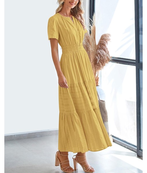 BTFBM Womens Summer 2025 Casual Midi Maxi Dresses Lightweight Short Sleeve V Neck Elastic Waist Boho Beach Dress Pockets