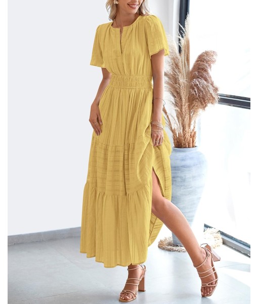 BTFBM Womens Summer 2025 Casual Midi Maxi Dresses Lightweight Short Sleeve V Neck Elastic Waist Boho Beach Dress Pockets