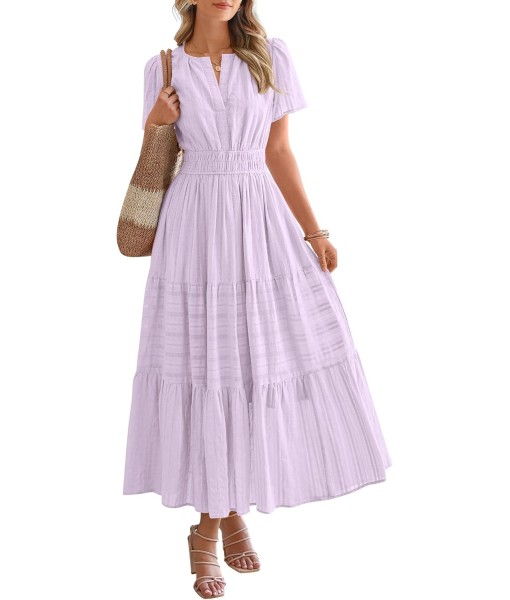 BTFBM Womens Summer 2025 Casual Midi Maxi Dresses Lightweight Short Sleeve V Neck Elastic Waist Boho Beach Dress Pockets