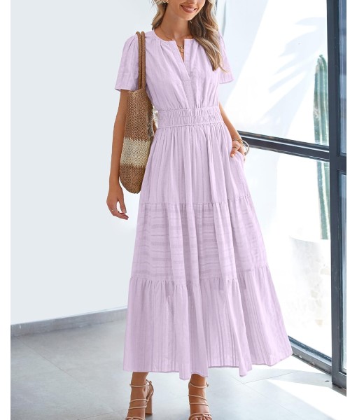 BTFBM Womens Summer 2025 Casual Midi Maxi Dresses Lightweight Short Sleeve V Neck Elastic Waist Boho Beach Dress Pockets