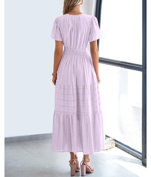BTFBM Womens Summer 2025 Casual Midi Maxi Dresses Lightweight Short Sleeve V Neck Elastic Waist Boho Beach Dress Pockets