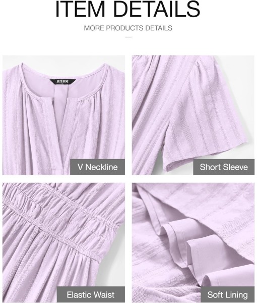 BTFBM Womens Summer 2025 Casual Midi Maxi Dresses Lightweight Short Sleeve V Neck Elastic Waist Boho Beach Dress Pockets