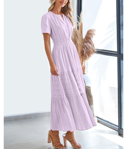 BTFBM Womens Summer 2025 Casual Midi Maxi Dresses Lightweight Short Sleeve V Neck Elastic Waist Boho Beach Dress Pockets
