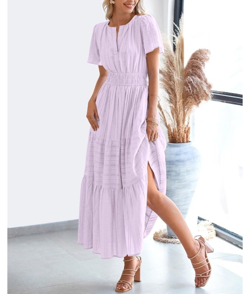BTFBM Womens Summer 2025 Casual Midi Maxi Dresses Lightweight Short Sleeve V Neck Elastic Waist Boho Beach Dress Pockets