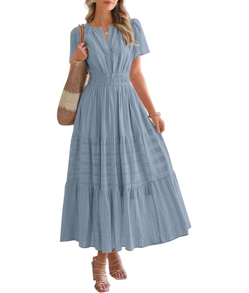 BTFBM Womens Summer 2025 Casual Midi Maxi Dresses Lightweight Short Sleeve V Neck Elastic Waist Boho Beach Dress Pockets