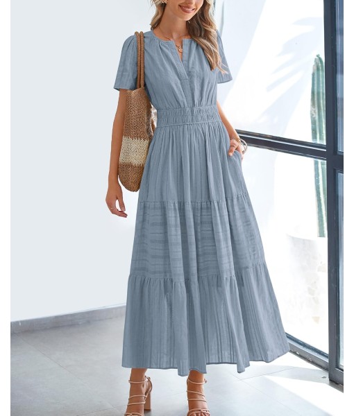 BTFBM Womens Summer 2025 Casual Midi Maxi Dresses Lightweight Short Sleeve V Neck Elastic Waist Boho Beach Dress Pockets