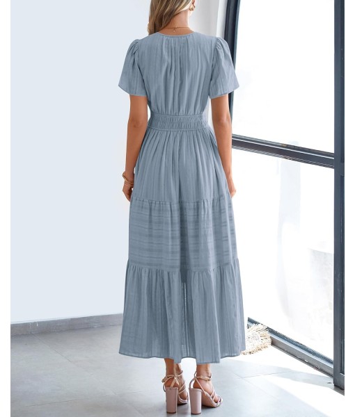 BTFBM Womens Summer 2025 Casual Midi Maxi Dresses Lightweight Short Sleeve V Neck Elastic Waist Boho Beach Dress Pockets