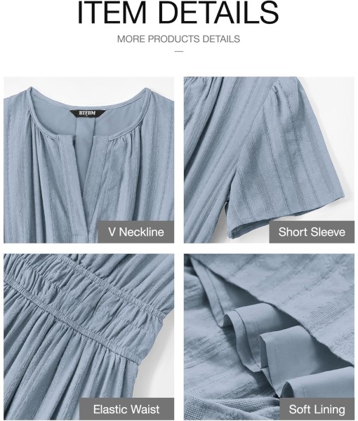 BTFBM Womens Summer 2025 Casual Midi Maxi Dresses Lightweight Short Sleeve V Neck Elastic Waist Boho Beach Dress Pockets