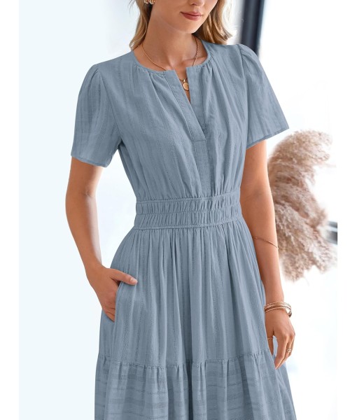 BTFBM Womens Summer 2025 Casual Midi Maxi Dresses Lightweight Short Sleeve V Neck Elastic Waist Boho Beach Dress Pockets