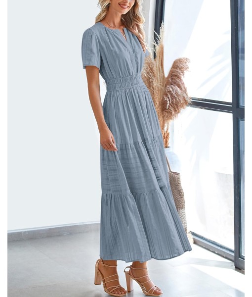 BTFBM Womens Summer 2025 Casual Midi Maxi Dresses Lightweight Short Sleeve V Neck Elastic Waist Boho Beach Dress Pockets