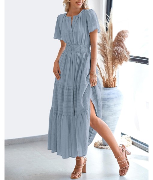BTFBM Womens Summer 2025 Casual Midi Maxi Dresses Lightweight Short Sleeve V Neck Elastic Waist Boho Beach Dress Pockets