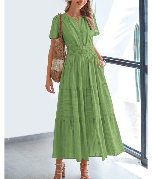 BTFBM Womens Summer 2025 Casual Midi Maxi Dresses Lightweight Short Sleeve V Neck Elastic Waist Boho Beach Dress Pockets