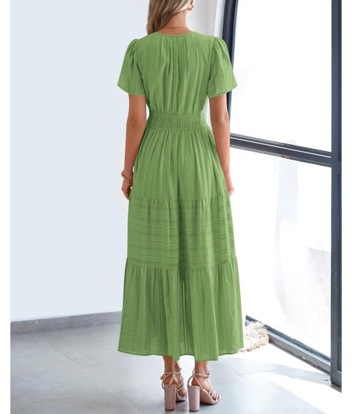 BTFBM Womens Summer 2025 Casual Midi Maxi Dresses Lightweight Short Sleeve V Neck Elastic Waist Boho Beach Dress Pockets