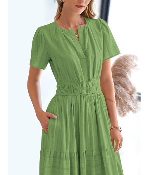 BTFBM Womens Summer 2025 Casual Midi Maxi Dresses Lightweight Short Sleeve V Neck Elastic Waist Boho Beach Dress Pockets