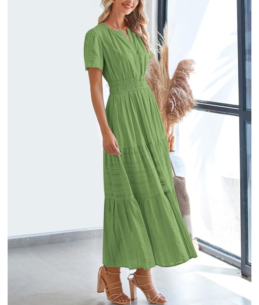 BTFBM Womens Summer 2025 Casual Midi Maxi Dresses Lightweight Short Sleeve V Neck Elastic Waist Boho Beach Dress Pockets