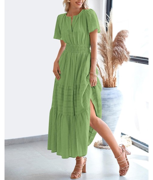 BTFBM Womens Summer 2025 Casual Midi Maxi Dresses Lightweight Short Sleeve V Neck Elastic Waist Boho Beach Dress Pockets