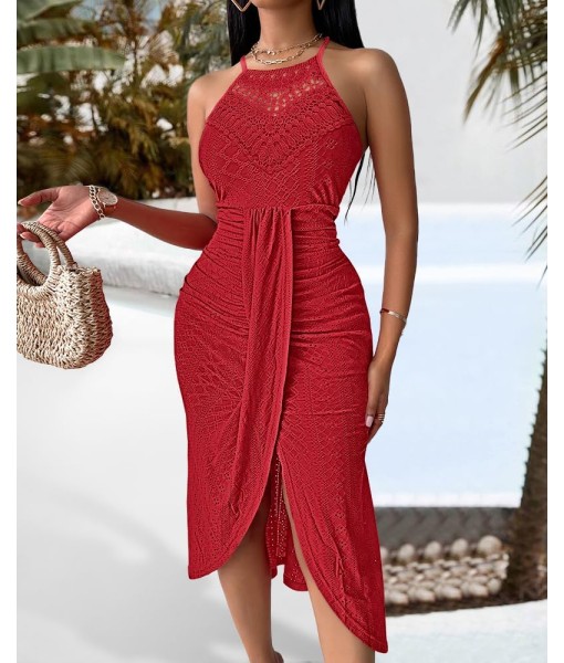 CHICME Womens Summer Halter Dress Hollow Out A Line Vacation Dresses with Eyelet Embroidery & Side Slit