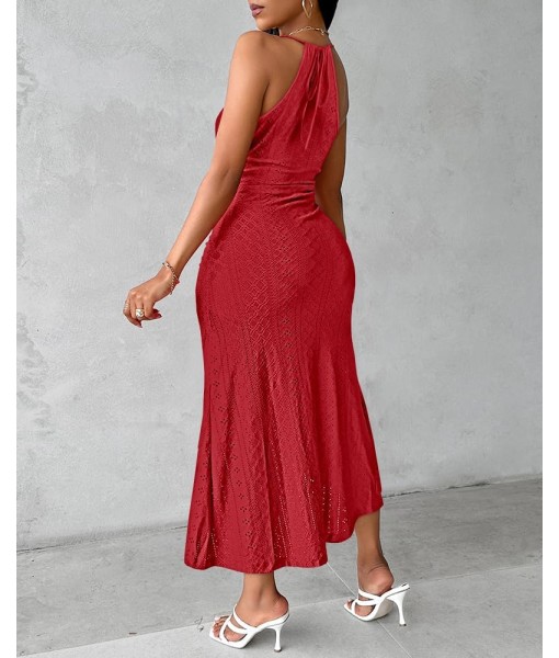 CHICME Womens Summer Halter Dress Hollow Out A Line Vacation Dresses with Eyelet Embroidery & Side Slit