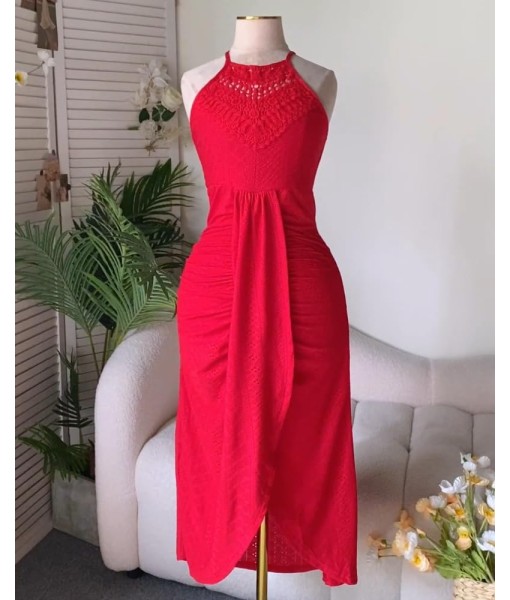 CHICME Womens Summer Halter Dress Hollow Out A Line Vacation Dresses with Eyelet Embroidery & Side Slit