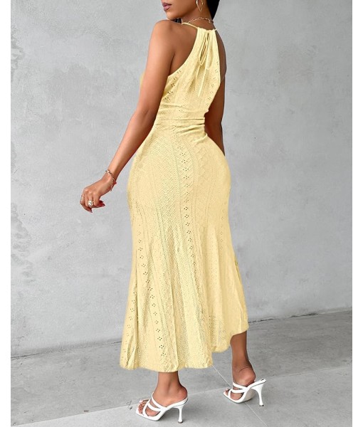 CHICME Womens Summer Halter Dress Hollow Out A Line Vacation Dresses with Eyelet Embroidery & Side Slit