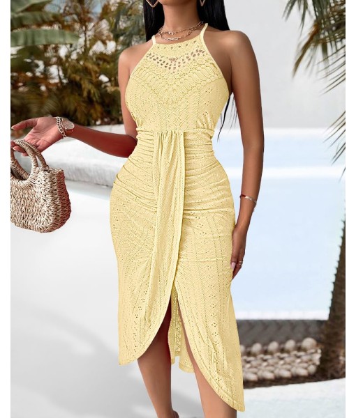 CHICME Womens Summer Halter Dress Hollow Out A Line Vacation Dresses with Eyelet Embroidery & Side Slit