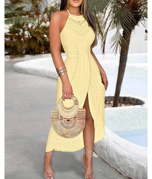 CHICME Womens Summer Halter Dress Hollow Out A Line Vacation Dresses with Eyelet Embroidery & Side Slit