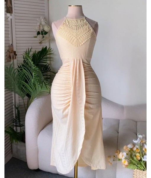 CHICME Womens Summer Halter Dress Hollow Out A Line Vacation Dresses with Eyelet Embroidery & Side Slit