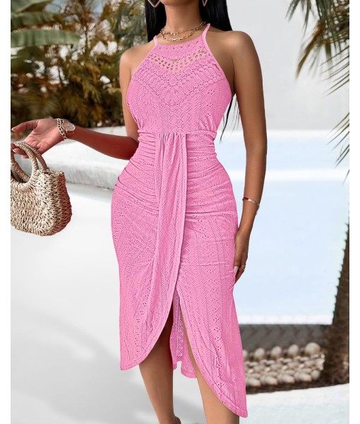 CHICME Womens Summer Halter Dress Hollow Out A Line Vacation Dresses with Eyelet Embroidery & Side Slit