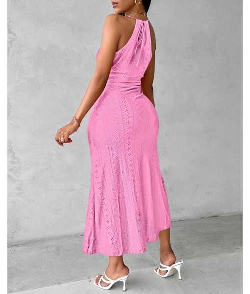 CHICME Womens Summer Halter Dress Hollow Out A Line Vacation Dresses with Eyelet Embroidery & Side Slit