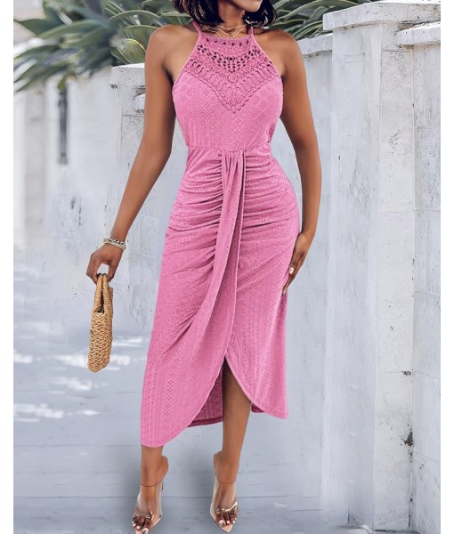 CHICME Womens Summer Halter Dress Hollow Out A Line Vacation Dresses with Eyelet Embroidery & Side Slit