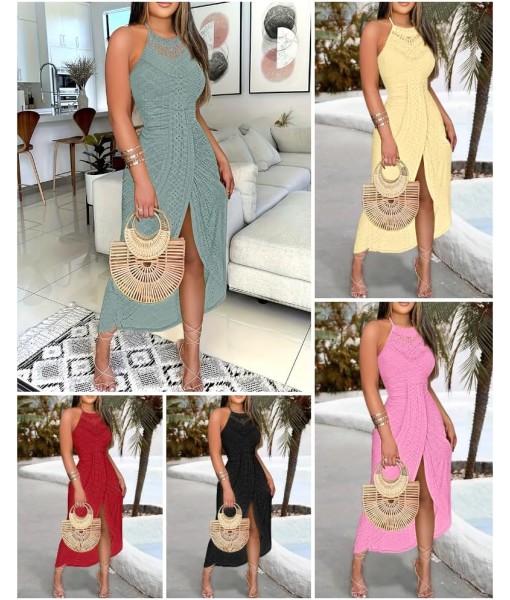 CHICME Womens Summer Halter Dress Hollow Out A Line Vacation Dresses with Eyelet Embroidery & Side Slit