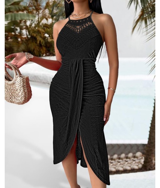 CHICME Womens Summer Halter Dress Hollow Out A Line Vacation Dresses with Eyelet Embroidery & Side Slit
