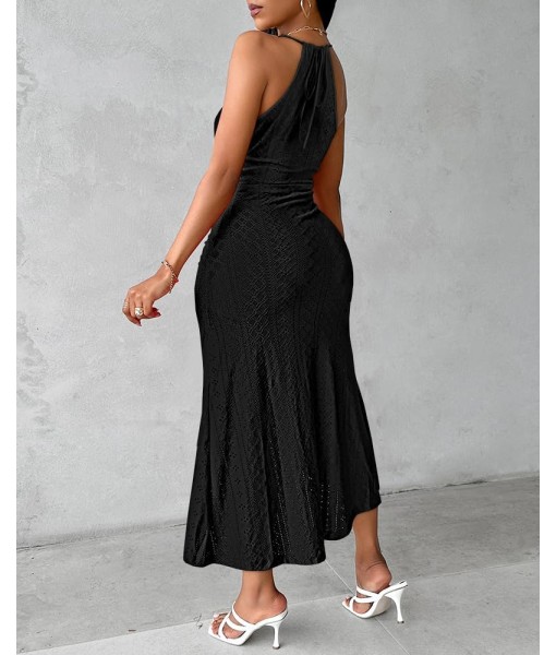 CHICME Womens Summer Halter Dress Hollow Out A Line Vacation Dresses with Eyelet Embroidery & Side Slit