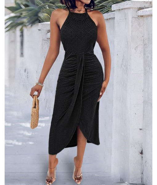 CHICME Womens Summer Halter Dress Hollow Out A Line Vacation Dresses with Eyelet Embroidery & Side Slit