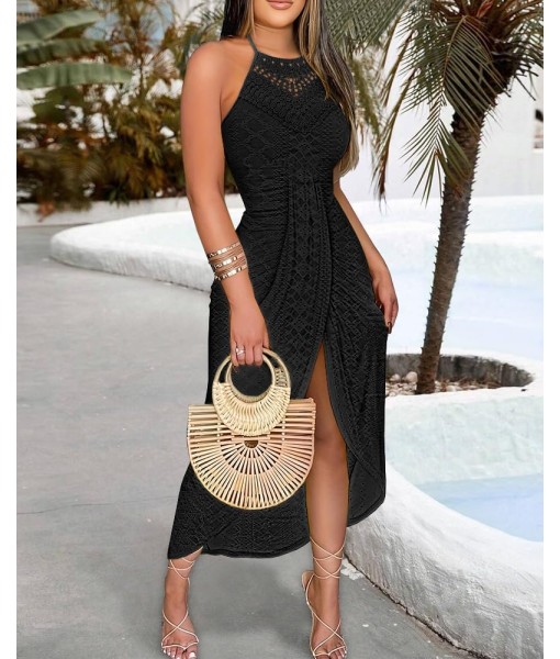 CHICME Womens Summer Halter Dress Hollow Out A Line Vacation Dresses with Eyelet Embroidery & Side Slit