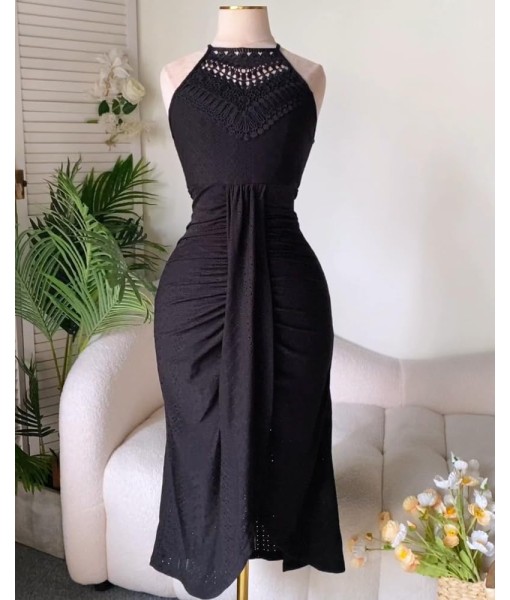CHICME Womens Summer Halter Dress Hollow Out A Line Vacation Dresses with Eyelet Embroidery & Side Slit