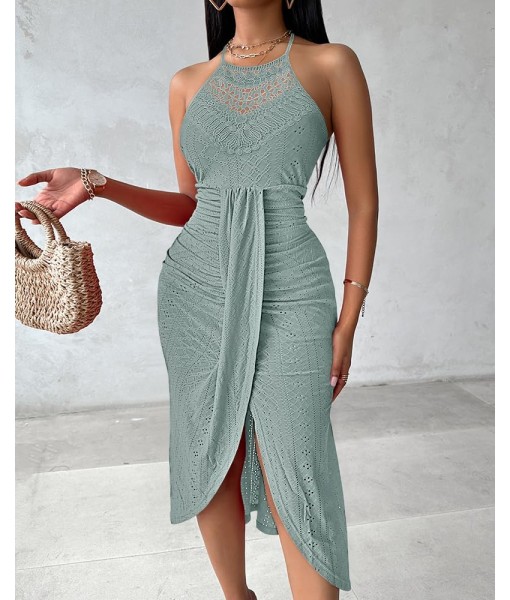 CHICME Womens Summer Halter Dress Hollow Out A Line Vacation Dresses with Eyelet Embroidery & Side Slit