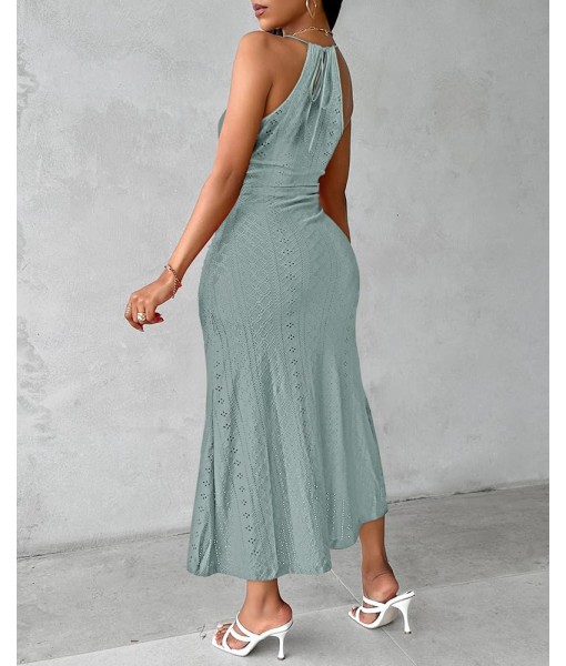 CHICME Womens Summer Halter Dress Hollow Out A Line Vacation Dresses with Eyelet Embroidery & Side Slit