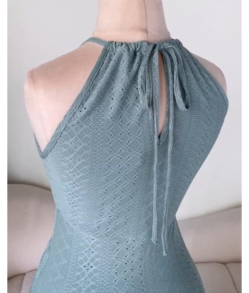CHICME Womens Summer Halter Dress Hollow Out A Line Vacation Dresses with Eyelet Embroidery & Side Slit