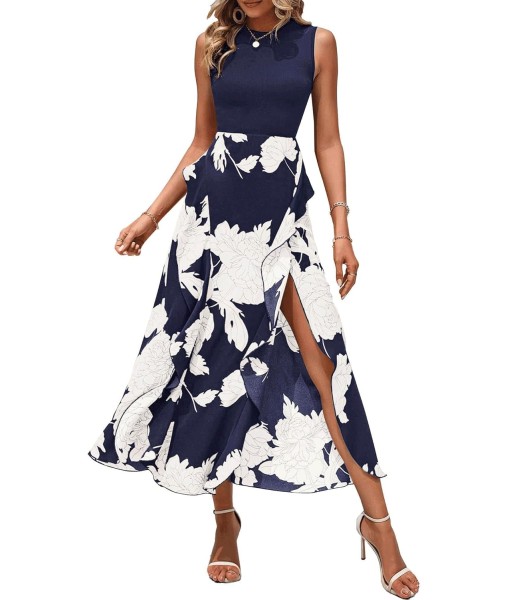 BTFBM Women Casual Sleeveless Summer Dresses 2025 Spring Crewneck Patchwork Boho Floral Ruffle Cocktail Party Midi Dress