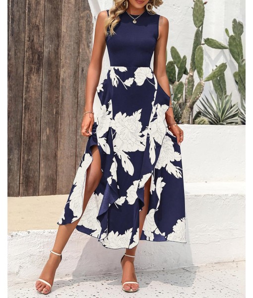 BTFBM Women Casual Sleeveless Summer Dresses 2025 Spring Crewneck Patchwork Boho Floral Ruffle Cocktail Party Midi Dress