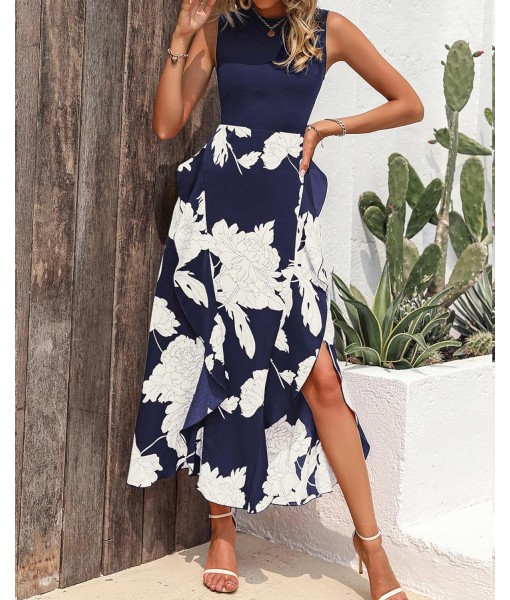 BTFBM Women Casual Sleeveless Summer Dresses 2025 Spring Crewneck Patchwork Boho Floral Ruffle Cocktail Party Midi Dress